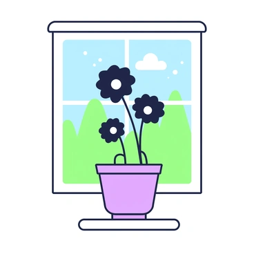 A small ceramic pot is positioned on a windowsill bathed in natural light. The pot has a simple design, featuring smooth curves and a subtle texture. Inside the pot, several black flowers are growing, their petals opened wide and displaying intricate shapes. The stems are slender and green, contrasting with the dark flowers. Behind the flowers, the windowsill is adorned with a few specks of dirt, indicating recent watering. Outside the window, faint outlines of trees and a blue sky can be seen, creating a tranquil backdrop for the scene.