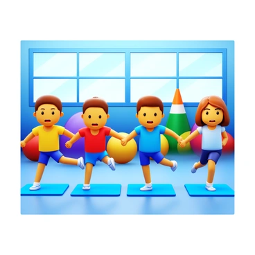 A group of children in a school gym class performing a leg extension exercise. The children are positioned on exercise mats, each with one leg extended. Their expressions show concentration and determination. The gym features colorful sports equipment in the background, such as basketballs and cones. Large windows allow natural light to filter in, illuminating the gym space. The children are dressed in various athletic wear, including shorts and t-shirts, showcasing a variety of colors.
