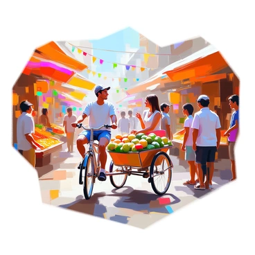A pedicab driver with a warm smile is standing next to his bicycle rickshaw, inviting tourists to take a ride. The driver has medium skin and is wearing a casual shirt and shorts. He gestures enthusiastically towards a group of tourists, who appear excited and curious. The market street is bustling with activity, filled with colorful stalls selling various goods such as fruits, textiles, and handicrafts. People are browsing, chatting, and enjoying the vibrant atmosphere. Brightly colored banners and decorations adorn the street, enhancing the lively setting. Sunlight spills down, creating a cheerful ambiance.