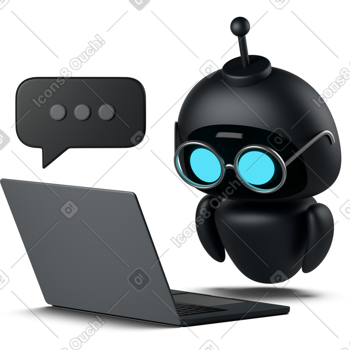 Ilustração animada de Black chatbot using laptop em no estilo 3D Business para baixar em GIF, Lottie (JSON), AE