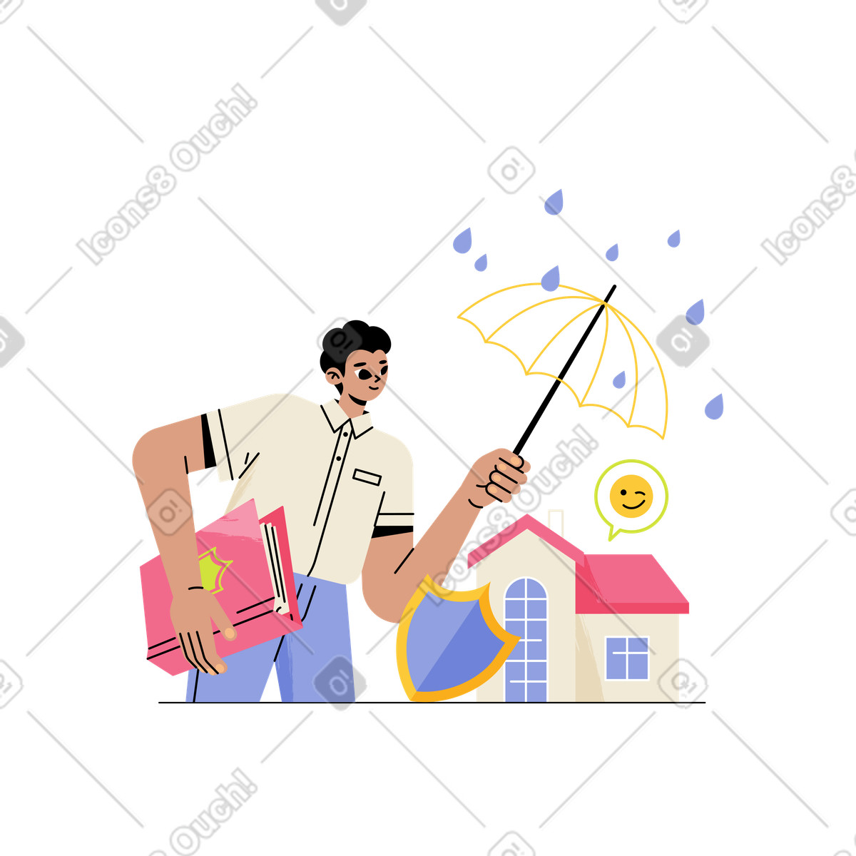Juicy スタイルの Insurance agent protecting house with umbrella, Property and safety のイラストをPNG、SVG形式でダウンロード
