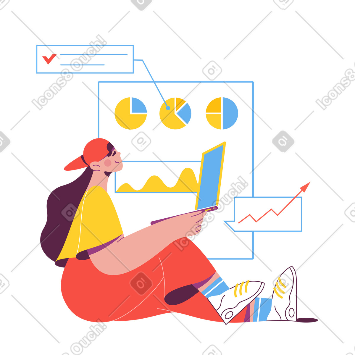 Financial analyst sitting with laptop and charts, Data analysis reporting illustrazione in stile Sammy scarica in PNG, SVG