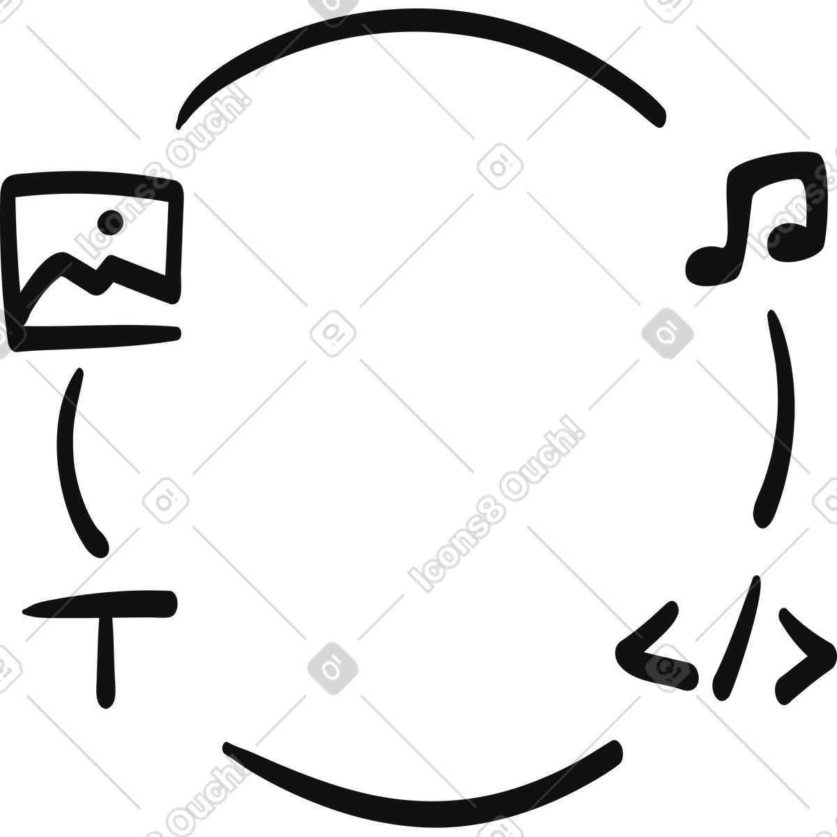 Ilustração de Cycle arrows around photo frame and music note doodle icons em no estilo Organic para baixar em PNG, SVG
