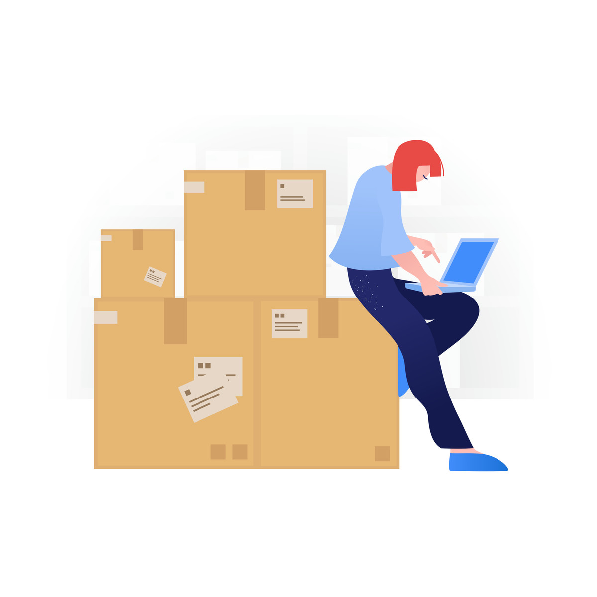 Woman sitting on boxes and shopping virtual marketplace illustration in Fogg style download in PNG, SVG