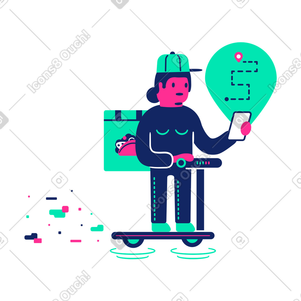Courier delivering food using a navigator illustration in PNG, SVG