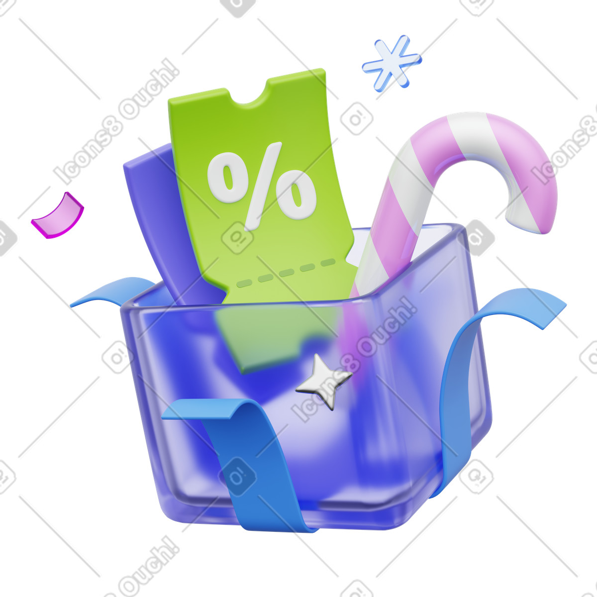 Ilustração de Caixa presente com cupom desconto e bengala doce, promoção fim ano liquidação sazonal. em no estilo 3D Playful para baixar em PNG, SVG