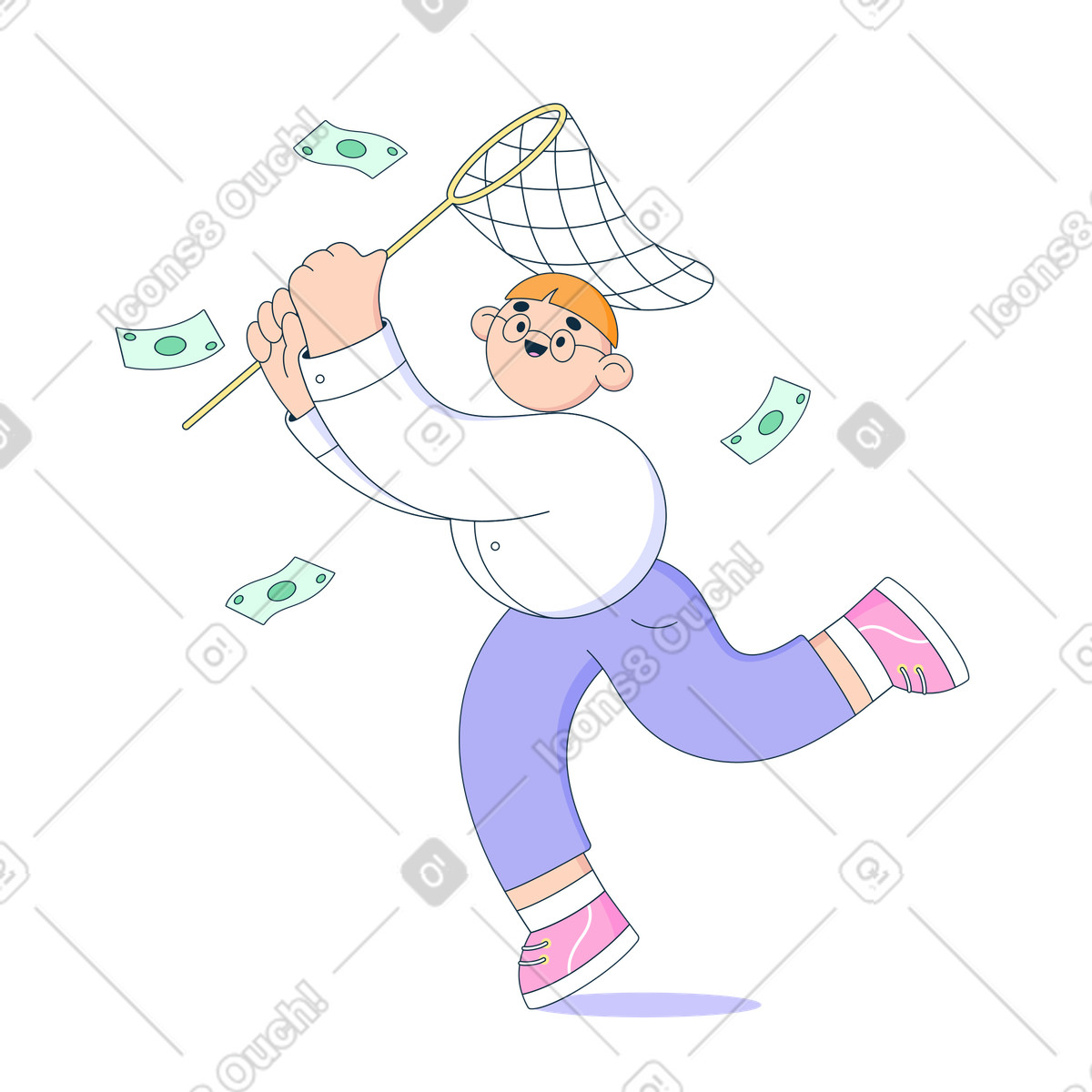 Man chasing flying money with net illustration in Bubble gum style download in PNG, SVG