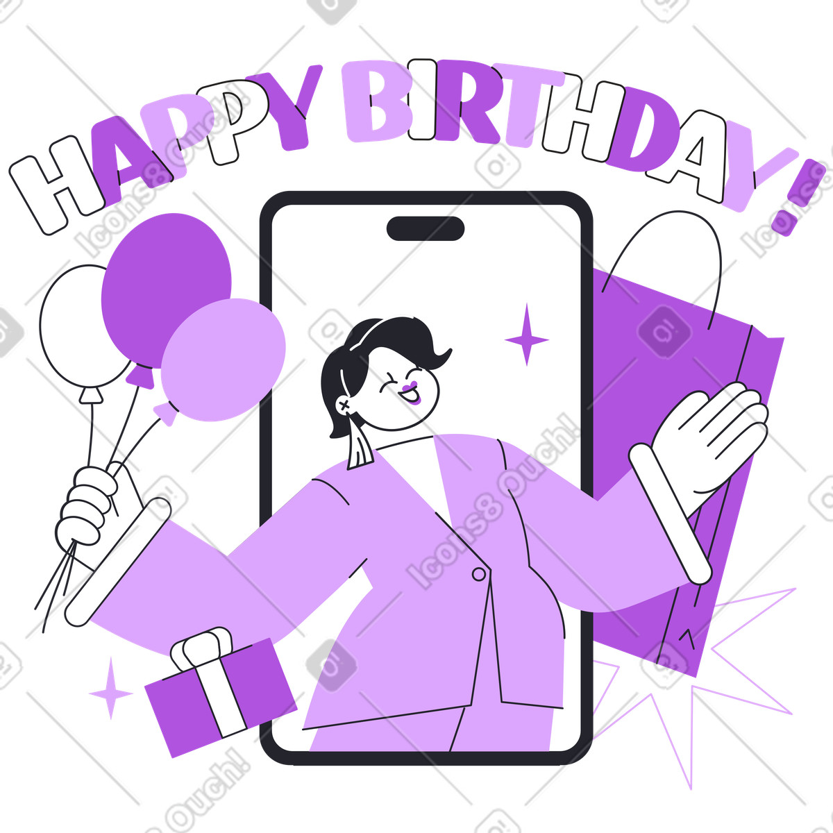Grapy 스타일의 Birthday surprise via phone, Remote gift giving and celebration 일러스트레이션 PNG, SVG 다운로드