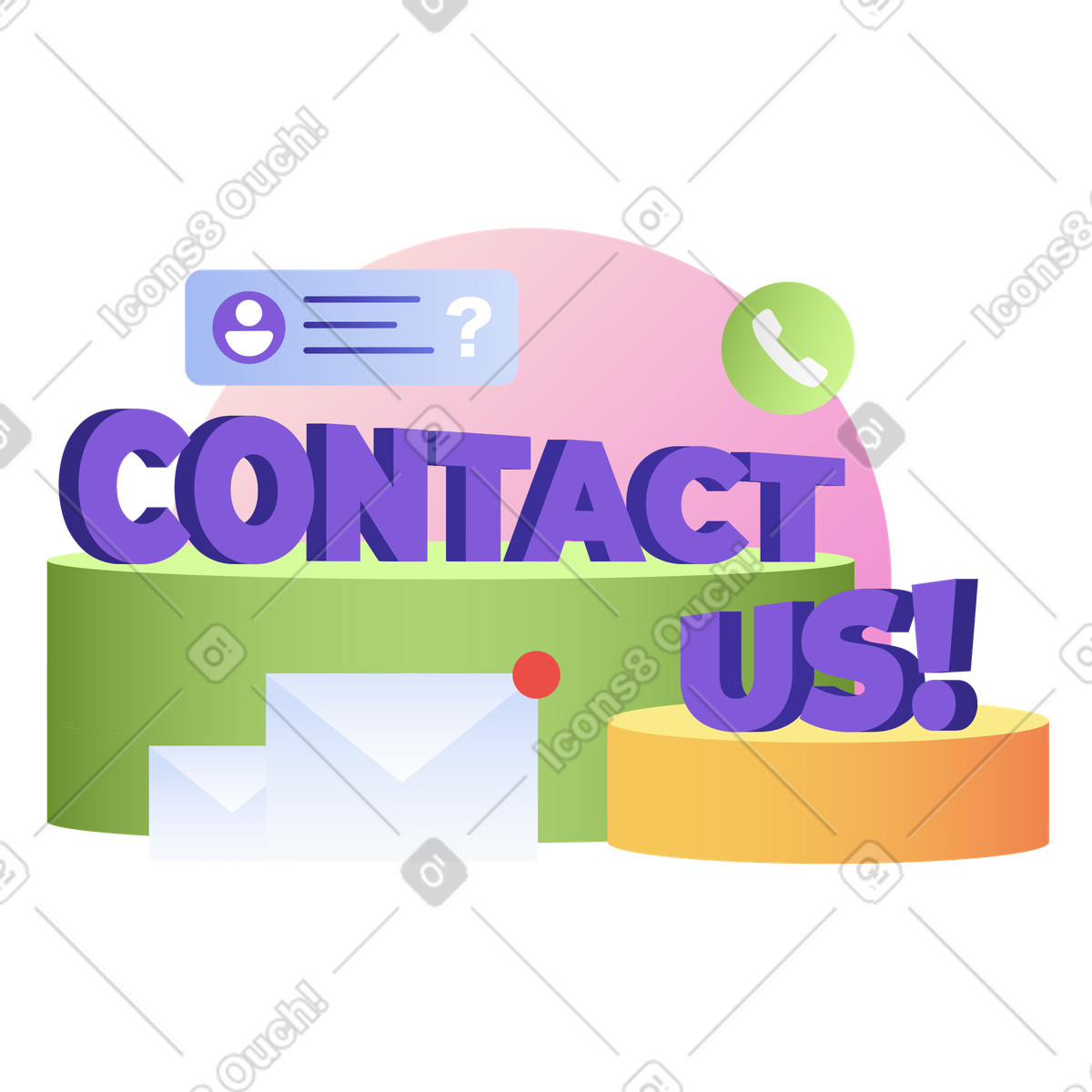 Lettering Contact Us! with envelopes and phone sign text illustration in Levels style download in PNG, SVG