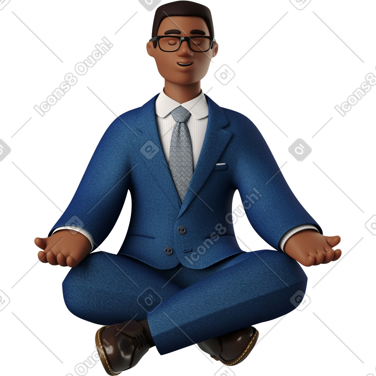 Illustration Homme d'affaires noir en costume bleu méditant dans le style 3D Business à télécharger aux formats PNG, SVG