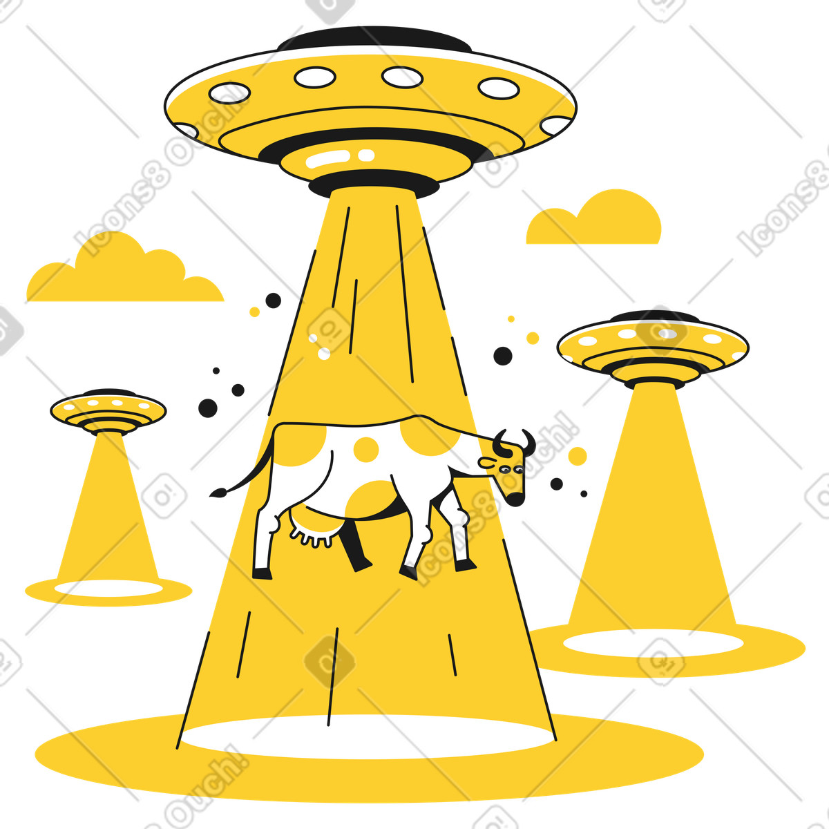 Kuh wird von ufo entführt animierte Illustration im Taxi-Stil als Download in GIF, Lottie (JSON), AE