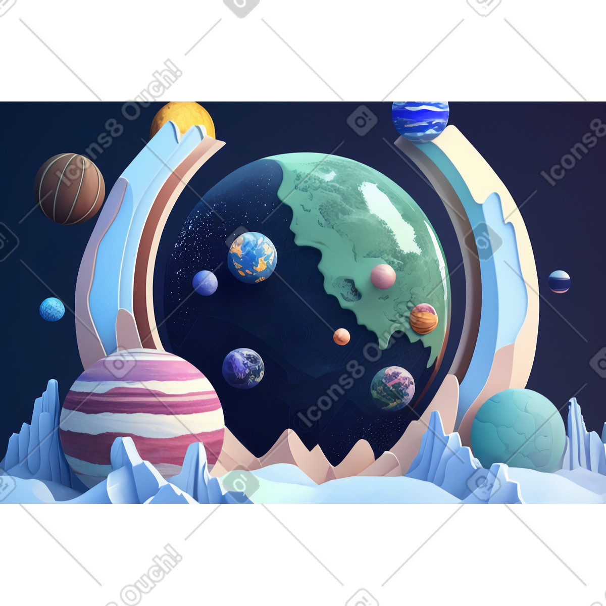3D planets surrounded by other objects background illustration in Experimental style download in PNG, SVG