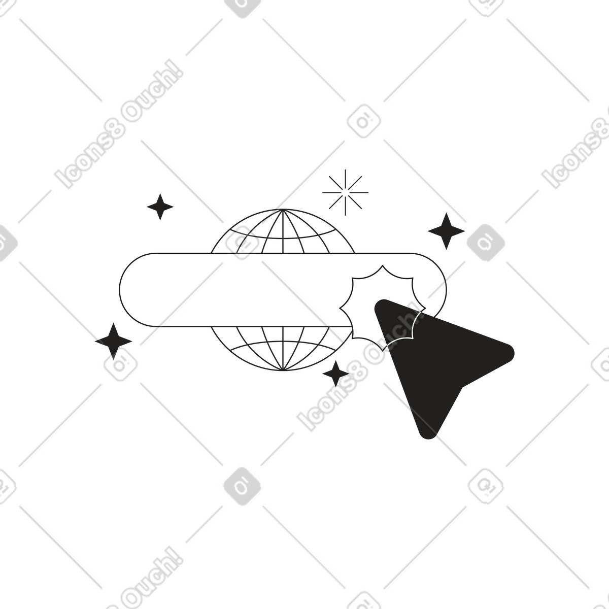 Illustration Icône globe derrière la barre de recherche avec flèche dans le style Tokyo à télécharger aux formats PNG, SVG