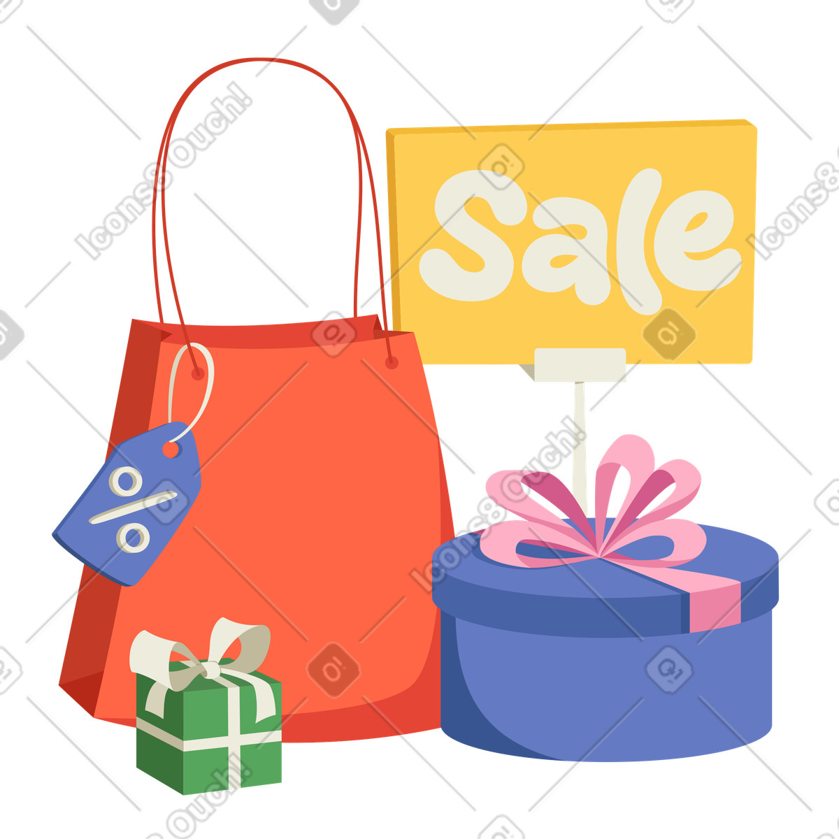 Segno di vendita con borsa della spesa e scatole illustrazione in stile Social scarica in PNG, SVG