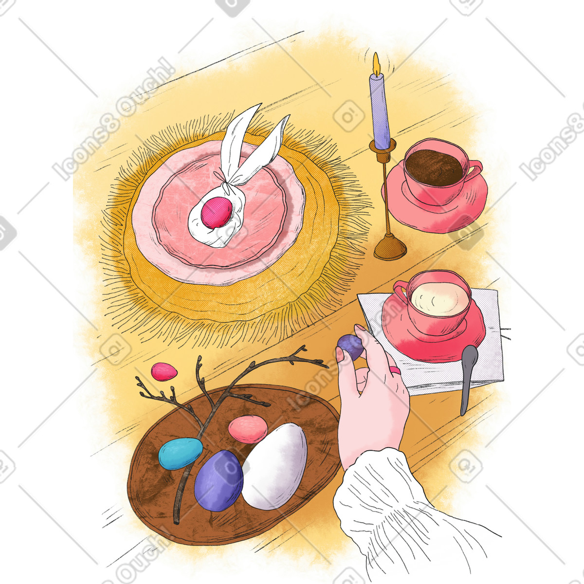 Uova decorate sul tavolo delle vacanze di pasqua illustrazione in stile Moments scarica in PNG, SVG
