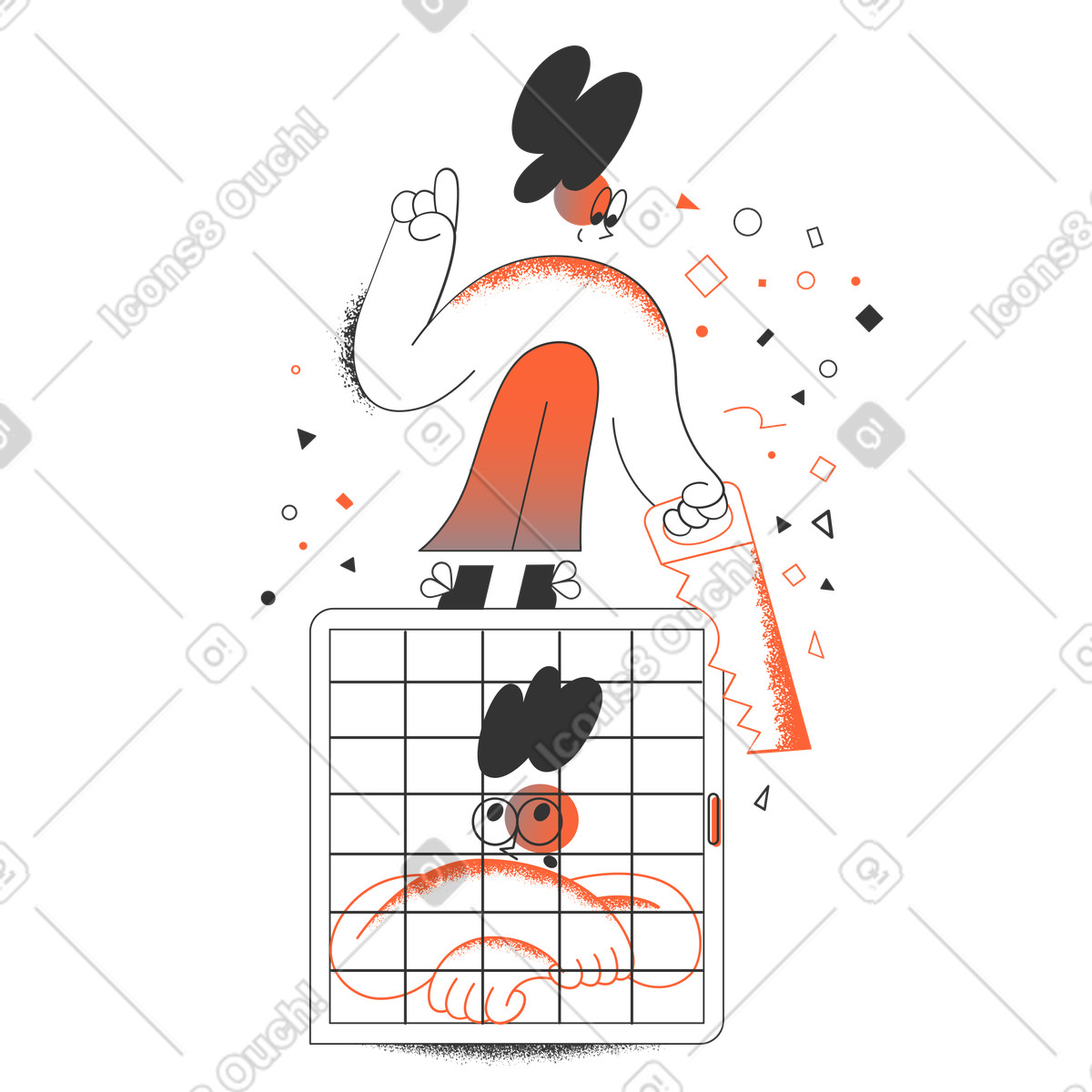 Person, die einen käfig zersägt, um freund aus dem gefängnis zu befreien-Illustration im Crayon-Stil als Download in PNG, SVG