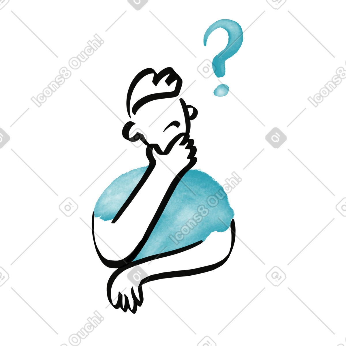Question mark above thinking figure with hand on chin gesture illustrazione in stile Watercolor sketch scarica in PNG, SVG