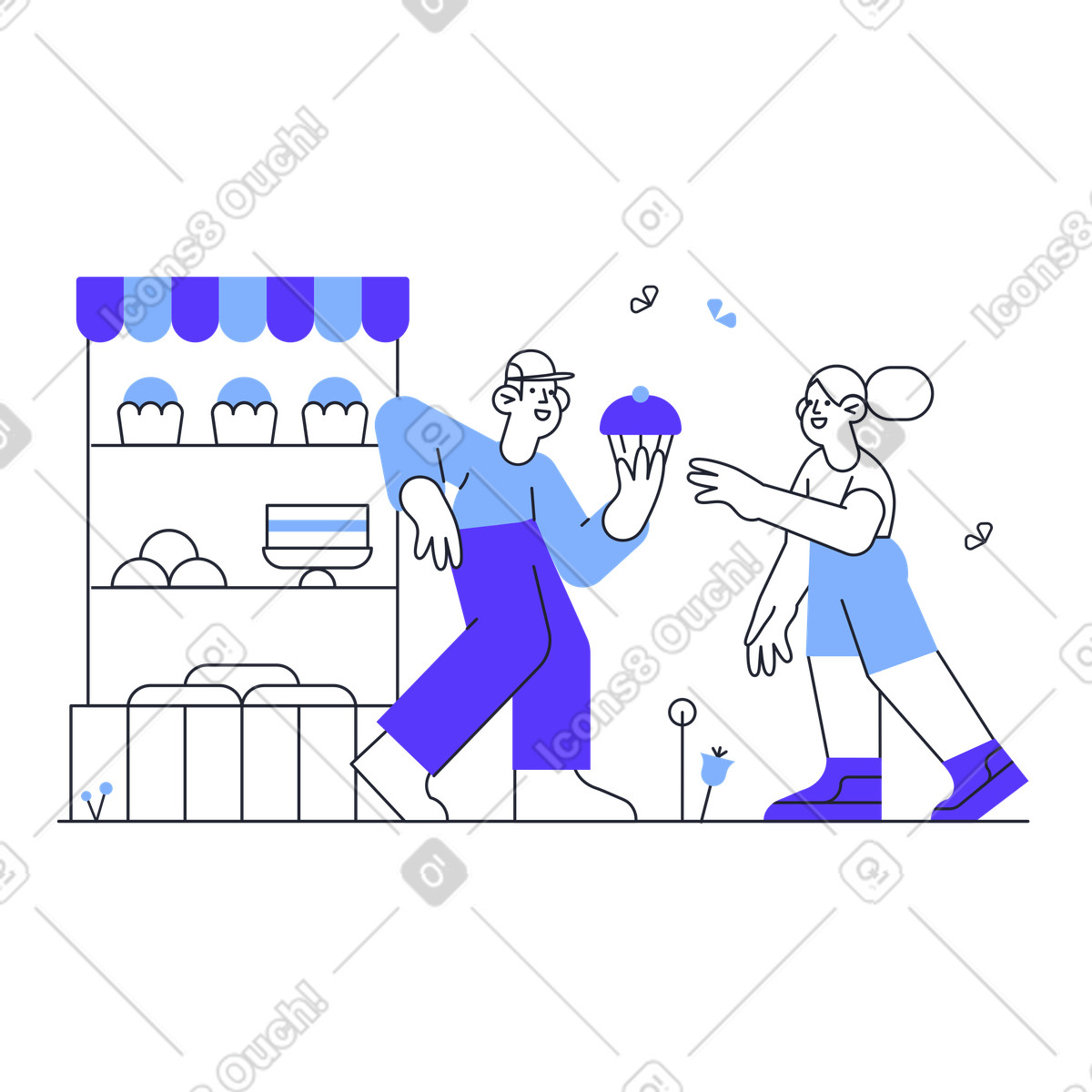 Sweet shop clerk holds out a cupcake to girl illustration in Pablita style download in PNG, SVG