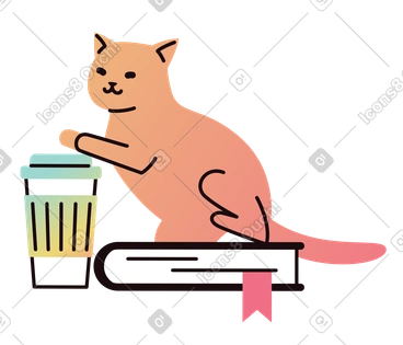 Chat avec une tasse de café et un livre PNG, SVG