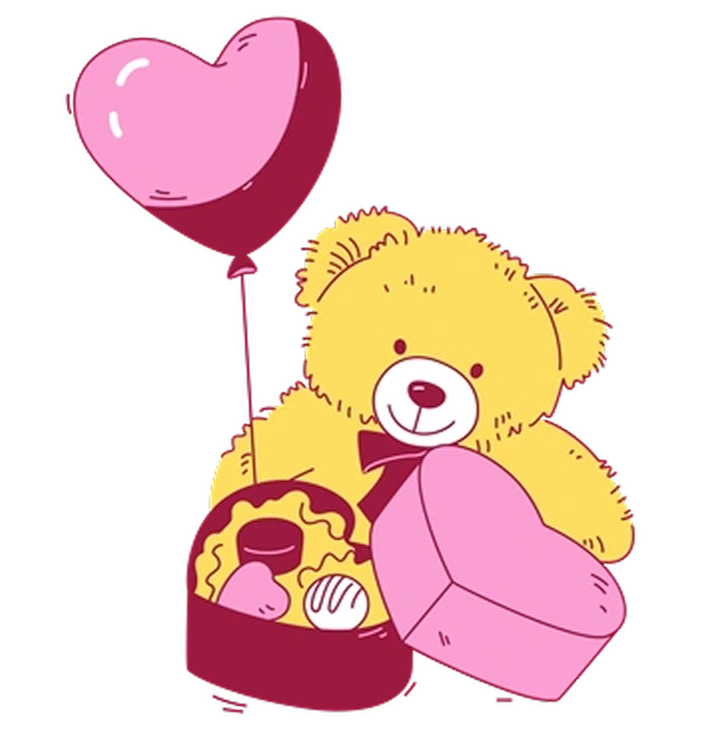 A teddy bear with a heart balloon and chocolates - Storyline style illustration