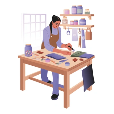 An artisan is standing at a wooden workbench, focused on their craft. The artisan has medium skin and shoulder-length black hair tied back. They are wearing a brown apron over a light blue shirt and jeans. Various tools are spread out on the workbench, including a hammer, scissors, and small containers filled with colorful beads and threads. There are pieces of leather and fabric scattered around, ready to be transformed into handmade products. In the background, shelves lined with jars and tools add to the workshop atmosphere. A soft light filters in through a nearby window, illuminating the workspace.