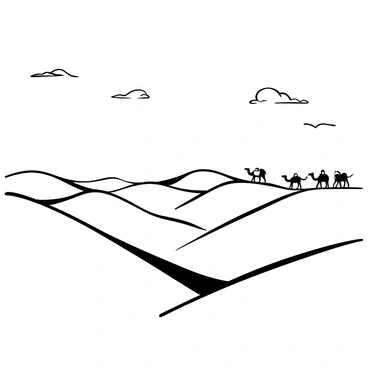 A vast desert landscape features undulating dunes stretching across the scene. In the distance, a camel caravan moves along the horizon, with several camels carrying packs. The sky is expansive, and a few scattered clouds are visible above. The sand dunes create shadows and valleys, enhancing the texture of the terrain.