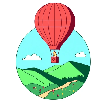 A red hot air balloon with vibrant patterns is floating above a green landscape filled with rolling hills. Below the balloon, a bright blue sky is visible, dotted with a few white fluffy clouds. Flames are rising from the burner, illuminating the interior of the balloon. The landscape features patches of colorful wildflowers and a winding path that leads through the hills.