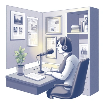 A podcaster sitting at a microphone in a cozy studio. The podcaster has a focused expression, with headphones on and notes placed in front of them. The studio is filled with shelves showcasing true crime memorabilia, including vintage newspaper clippings, framed photographs, and books related to famous cases. Warm lighting creates a comfortable atmosphere, and a small potted plant sits on the desk, adding a touch of natural decor.