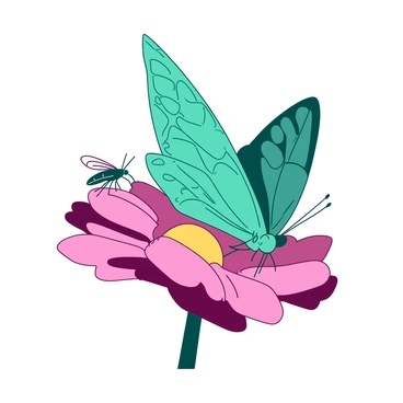 A teal butterfly with intricate patterns on its wings is perched on a vibrant flower. On the edge of one of its wings, a tiny black fly is carefully balancing, its legs positioned delicately to maintain stability. The butterfly's wings are spread wide, showcasing bright, colorful spots in varying shades. The flower beneath them has large, soft petals that are a contrasting color, providing a vivid backdrop to this delicate interaction. The scene captures the intricate balance and the gentle movement of both the butterfly and the fly.