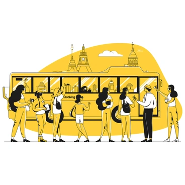 A group of people standing in line, preparing to board a bus. The bus has "Sightseeing Tour" written on the side. Some tourists are holding cameras and guidebooks. A few are wearing hats and sunglasses, while others have backpacks. In the background, a famous landmark, with distinct architectural features, is visible. The scene is vibrant with excitement as the tourists chat and point towards the landmark.