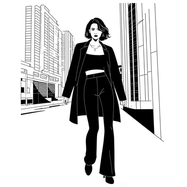 A model dressed entirely in black is standing confidently against a white sleek urban backdrop. The model's outfit consists of elegant, form-fitting garments that accentuate their silhouette. The urban environment features tall, modern buildings with glass facades reflecting the light. The model's hair is styled in a chic manner, and their pose exudes a sense of empowerment and sophistication.
