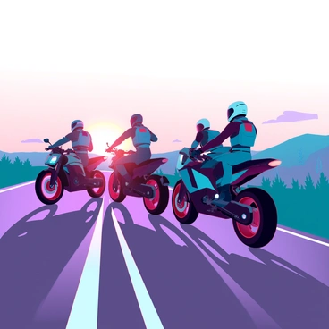A group of motorcyclists wearing protective gear, each on their own sleek and modern motorcycle, is gathered at the edge of an empty road. The sun is rising on the horizon, casting a warm golden light across the scene. Long shadows stretch behind the motorcyclists, creating dramatic silhouettes on the asphalt. The sky is filled with soft orange and pink hues, gradually transitioning to a bright blue. The motorcyclists appear excited and ready for adventure, with some revving their engines and others adjusting their helmets. Lush greenery and distant hills can be seen in the background, framing the beginning of their journey.