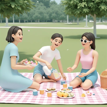 Three Asian women are sitting on a checkered picnic blanket spread on the grass in a park. One woman, wearing a light blue dress, is holding a bowl of fresh fruit while smiling broadly. The second woman, dressed in a white blouse and denim shorts, is pouring lemonade into three colorful cups. The third woman, in a pink tank top and sunglasses, is laughing as she reaches for a sandwich. Around them, there are various picnic items, including a wicker basket, plates of food, and a few scattered flower petals. The trees in the background provide a lush green setting, enhancing the cheerful atmosphere.