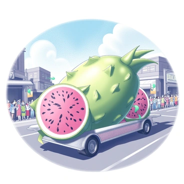 A parade float designed to resemble a giant dragon fruit is rolling down a bustling street. The float features the vibrant green scales and distinctive pink exterior of the dragon fruit, adorned with intricate white details resembling the fruit's unique seeds. Crowds line the street, with people dressed in festive attire, waving and cheering as the float passes. Colorful banners and streamers are attached to the sides of the float, enhancing its festive appearance. The street is lined with buildings, and a bright blue sky is visible above, providing a lively backdrop to the parade scene.