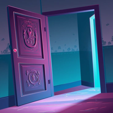 A wooden door with intricate carvings stands slightly ajar, revealing its textured surface. Shadows spill into a dimly lit hallway, creating a contrast between light and dark. The hallway features faded wallpaper with floral patterns and an old, worn carpet that adds to its age. Soft, ambient light filters in from the doorway, casting elongated shadows along the walls, highlighting the contours of the space. An atmosphere of mystery surrounds the scene, inviting curiosity about what lies beyond the door.