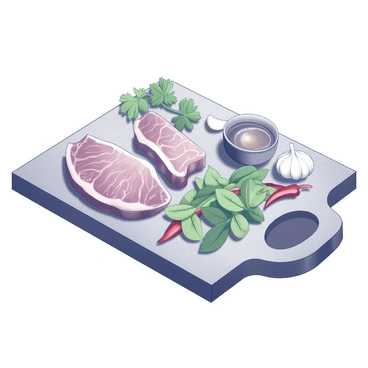 A wooden cutting board is placed on a kitchen countertop. On the board, there are several ingredients arranged for making "moo deng." Slices of marinated pork are neatly laid out, showcasing the glistening surface of the meat. Alongside the pork, there are vibrant green leafy vegetables, including fresh coriander and Thai basil. A cluster of garlic cloves is positioned near the edge of the board, along with thinly sliced red chili peppers for added flavor. A small bowl containing a dipping sauce is placed nearby, completing the scene of preparation.