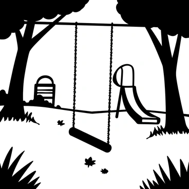 An empty swing hanging from rusted chains, gently swaying in a deserted playground. The swing is positioned in the center, surrounded by overgrown grass. The silhouettes of nearby trees stretch across the ground, with a few scattered fallen leaves. The fading light casts long shadows, creating a sense of stillness and nostalgia. In the background, a weathered wooden slide stands silent, adding to the atmosphere of abandonment.