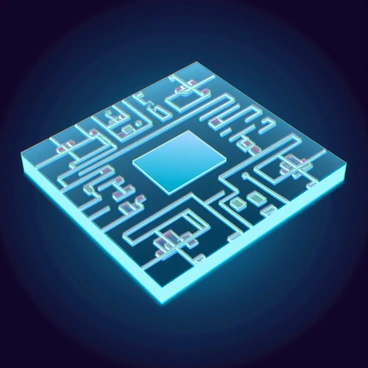 A microchip with a rectangular shape, featuring an array of intricate circuits and pathways visible on its surface. The circuits are metallic and shiny, reflecting light in shades of silver and gold. Small, square and rectangular components, including transistors and capacitors, are embedded within the microchip, showcasing various colors. The background is a subtle gradient of dark blue, enhancing the prominence of the microchip's details. There is a faint glow surrounding the microchip, emphasizing its technological complexity.