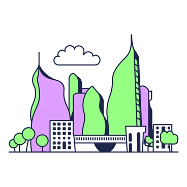 A cityscape features a variety of buildings that bend and twist in unusual shapes, resembling molten glass. Each structure has a smooth, flowing silhouette that creates a sense of movement. Tall skyscrapers rise majestically, with undulating surfaces that catch the light in intriguing ways. The buildings are spaced apart amidst an urban setting, with a few trees scattered around the base. The sky above is expansive, and a hint of clouds can be seen, contributing to the overall dynamic feel of the scene.