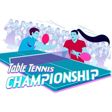 A dynamic sports banner showcasing an intense table tennis match. In the foreground, two players compete vigorously, one with short brown hair and wearing a blue jersey, and the other with long black hair in a ponytail, dressed in a red jersey. Both players are captured in mid-action, with their rackets raised and focused expressions. The background features a blurred crowd filled with energetic spectators, adding to the sense of speed and excitement. Bright colors and motion lines emphasize the fast-paced nature of the game, while a prominent text overlay reads "Table Tennis Championship" in bold, eye-catching font.