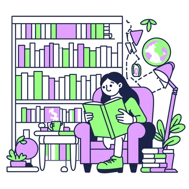 A cozy corner of an old bookstore is filled with towering bookshelves lined with various books. In this nook, there is an elf with pointed ears and long hair, seated on a plush, worn armchair. The elf is reading a large, dusty book, their expression focused and curious. The warm light from a nearby lamp casts soft shadows, creating an inviting atmosphere. A small wooden table next to the elf holds a steaming cup, and a few scattered bookmarks are visible around the chair. Decorative elements like a globe and a potted plant are positioned in the background, adding to the charm of the scene.