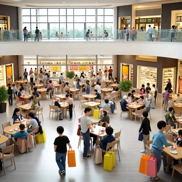 A shopping mall annex featuring a spacious food court filled with various food stalls. The food court has tables and chairs occupied by families and friends enjoying their meals. Shoppers are walking around, some carrying multiple shopping bags in bright colors. The atmosphere is lively with people chatting and sharing moments. Large windows let in natural light, illuminating the diverse crowd and the vibrant decorations of the food court.