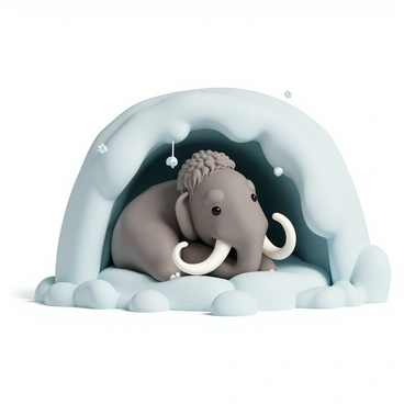 A large mammoth, covered in thick, shaggy fur with a mix of brown and gray tones, is curled up tightly in a cozy, snowy den. The mammoth's tusks curve gracefully outward, resting gently against the snow. Snowflakes are gently falling from the ceiling of the den, adding a serene atmosphere. The den is lined with soft, fluffy snow, and the walls are made of glistening ice, while the entrance to the den is partially covered with snow, creating a snug shelter for the mammoth.