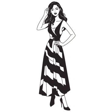 A woman with long wavy hair is posing confidently in a stylish dress featuring bold black and white patterns. She is standing upright with one hand on her hip, and the other gently touching her hair. The dress has a fitted bodice and a flowing skirt that falls just below her knees. The minimalist background emphasizes her figure, with soft lighting highlighting the contours of her face and dress. There are no additional elements in the background, creating a clean and elegant look.