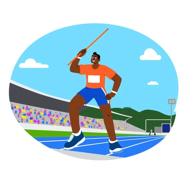 An athlete in a detailed sports uniform is captured in mid-javelin throw. The athlete is positioned with one leg forward, arms extended, and a focused expression on their face. The javelin is sleek and streamlined, soaring through the blue sky with a dynamic arc. Surrounding the athlete is a track and field stadium filled with spectators, adding a sense of excitement to the scene. The bright colors of the athlete's uniform contrast with the clear sky, emphasizing the energy of the moment.