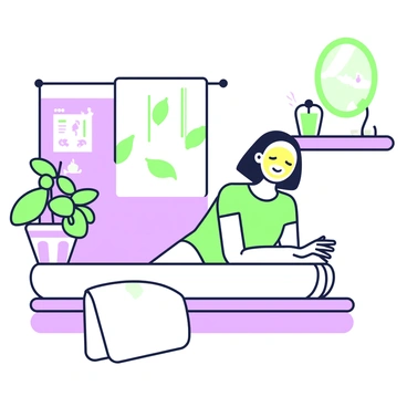 A person is sitting comfortably in a cozy bathroom, their face covered with a "lemon facial mask." The individual has closed eyes, portraying a state of relaxation. The bathroom features a soft, fluffy towel draped over a nearby shelf. A small potted plant is placed on the edge of the bathtub, adding a touch of greenery. In the background, a mirror reflects the tranquil setting, while a scented candle rests beside the sink, emitting a soft glow. The overall atmosphere is serene and inviting.