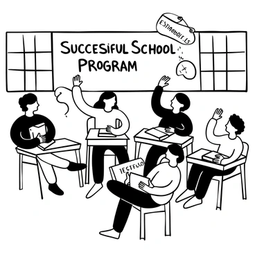 A group of students sitting at wooden desks in a classroom, with books and papers spread out in front of them. Each student is holding a piece of paper with their testimonial written on it. There are several students raising their hands to speak, indicating enthusiasm. A chalkboard in the background displays the words "Successful School Program" in bold letters. Sunlight streams through large windows, casting shadows on the floor. A banner reading "Testimonials" hangs from the ceiling.