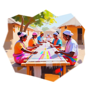 A group of artisans is gathered in a vibrant village setting, skillfully weaving beautiful textiles on traditional looms. Each artisan has distinct features, with some having dark skin and others light skin, reflecting the diversity of the community. The looms are made of wood and are filled with colorful threads in shades of red, blue, yellow, and green, interlacing to create intricate patterns. Surrounding the artisans are lush green trees and simple clay houses with thatched roofs. The scene captures the focus and dedication of the weavers as they work together, sharing smiles and stories while creating their crafts.