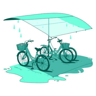 A teal bicycle with a basket is parked under a large transparent awning. The awning is arched and covers several bicycles lined up next to each other. Raindrops are gently falling from the sky, creating small ripples where they land on the ground. A white bicycle is also visible, its tires resting on the wet pavement. The atmosphere is calm, with the raindrops glistening as they catch the light.