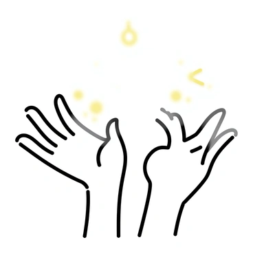 Two hands, with the palms facing upward, are raised high against a clear background. A bright light is shining down from above, illuminating the hands. The light creates a soft glow around the edges of the fingers, emphasizing the open gesture. The fingers of the hands are slightly spread apart, and there are no visible objects or distractions in the scene.